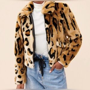 Ichi Anthropologie Leopard Print Brown Sugar Faux Fur Lined Jacket size 38 (M)